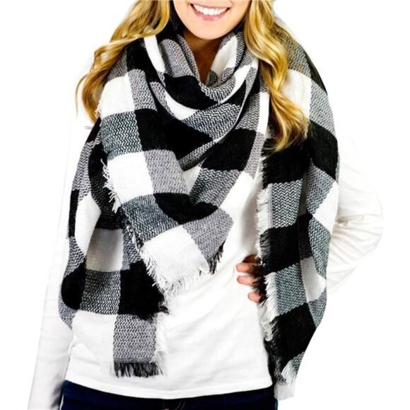 Accessories - Plaid Print Oversized Blanket Scarf Tartan Checked Shawl Wrap Pashmina Black